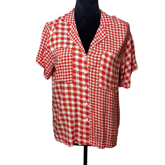 Anthropologie | Maeve | Bon Voyage Red Check Houndstooth Button Shirt | Sz M - Picture 3 of 9